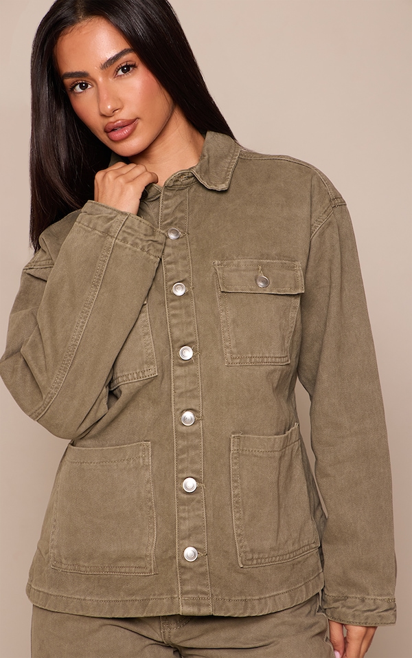 Petite Washed Khaki Denim Oversized Long Jacket