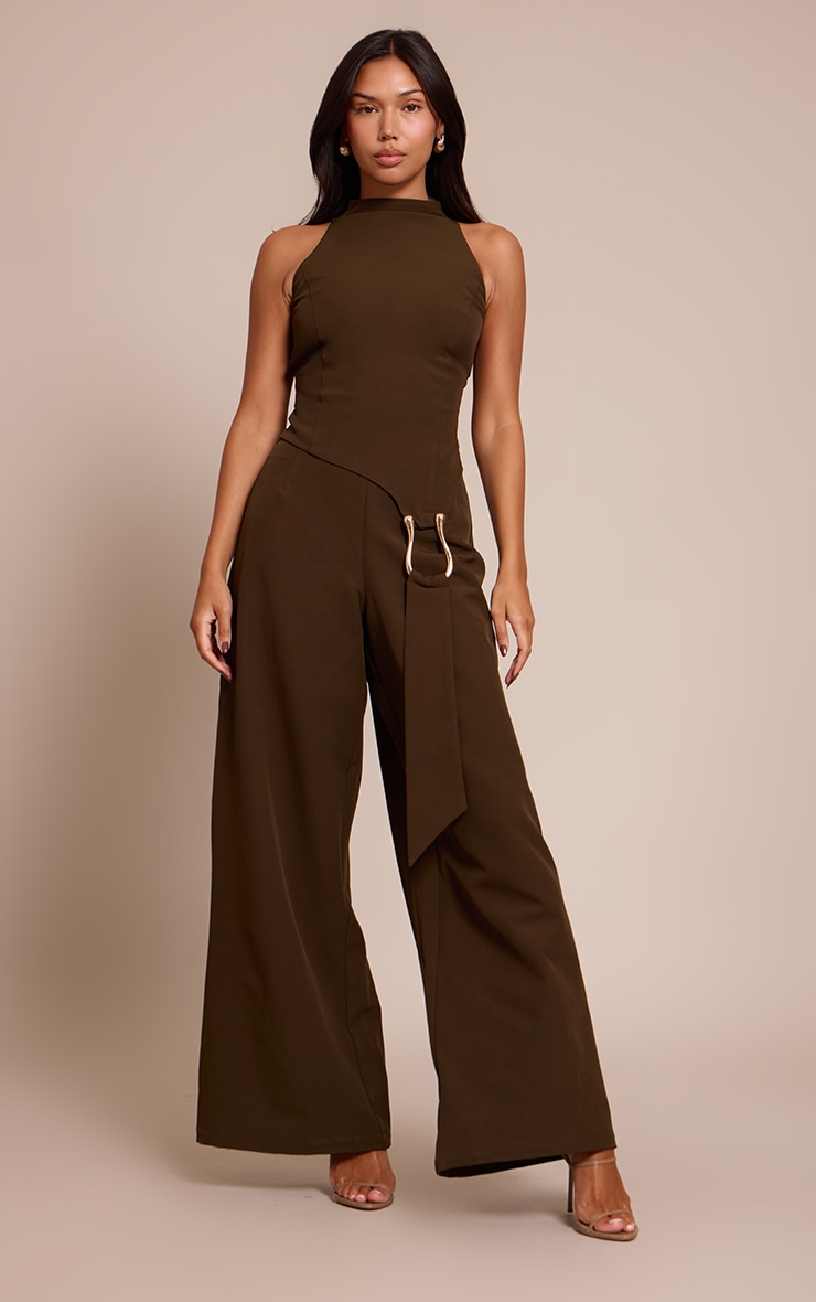 Khaki Woven Belt Trim Detail Straight Leg Jumpsuit image 1