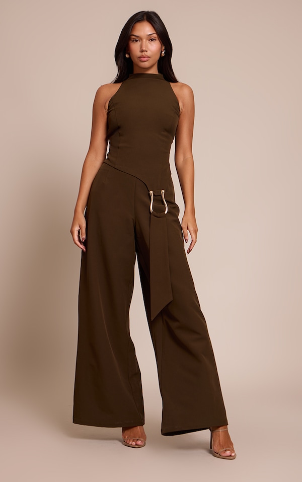 Khaki Woven Belt Trim Detail Straight Leg Jumpsuit