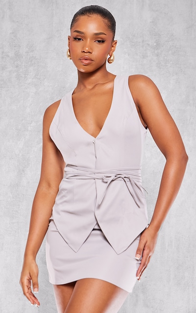 Grey Tie Wrap Waist Waistcoat Mini Dress