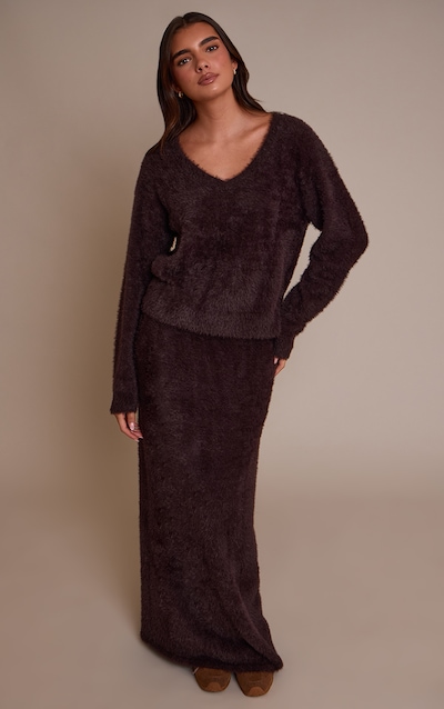 Chocolate Fluffy Knitted Maxi Skirt