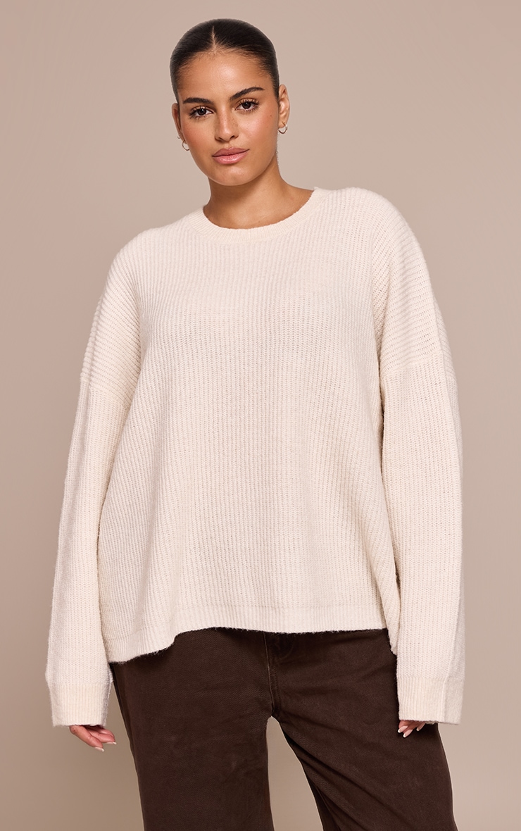 Plus Cream Round Neck Knit Raglan Sleeve Sweater image 1
