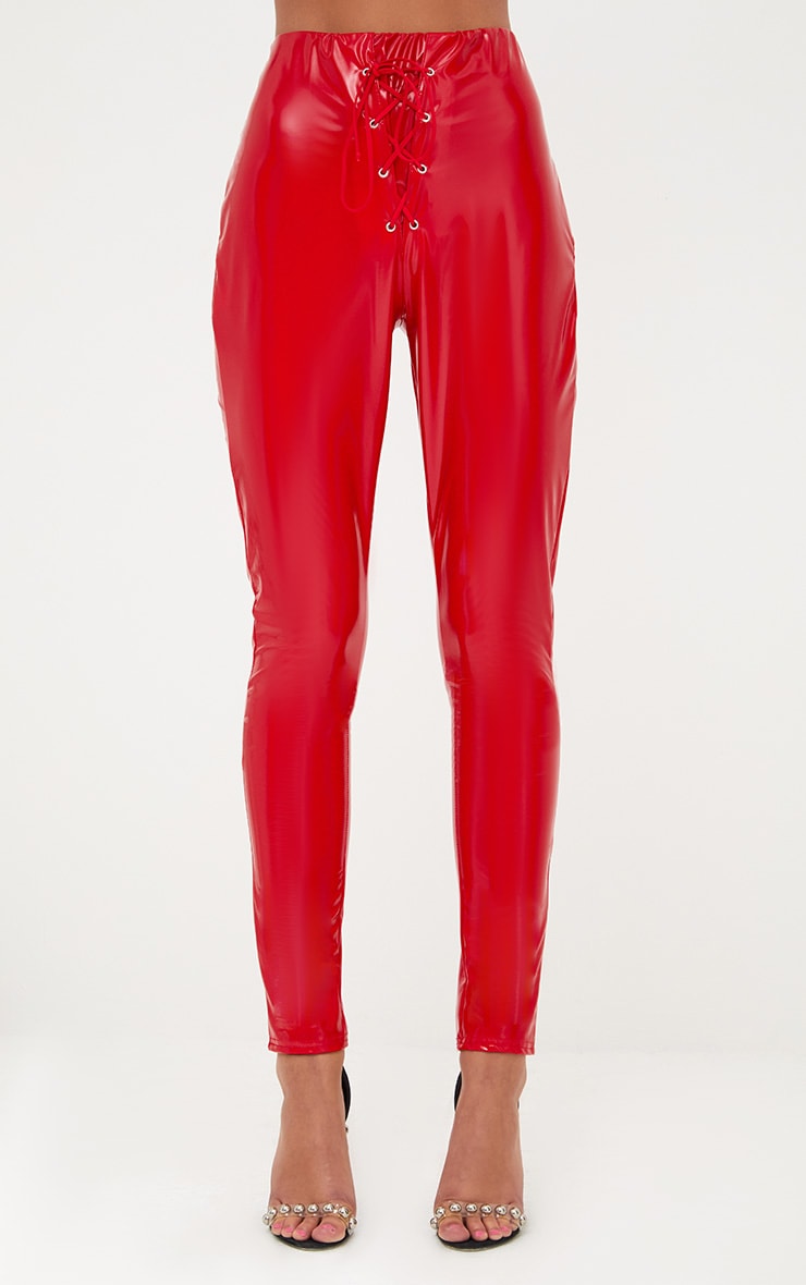 Red Vinyl Skinny Lace Up Pants. Pants PrettyLittleThing USA