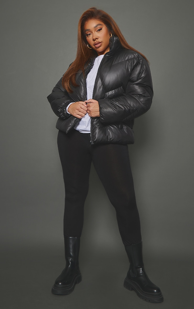 Plus Black High Shine Quilted Puffer Coat image 1