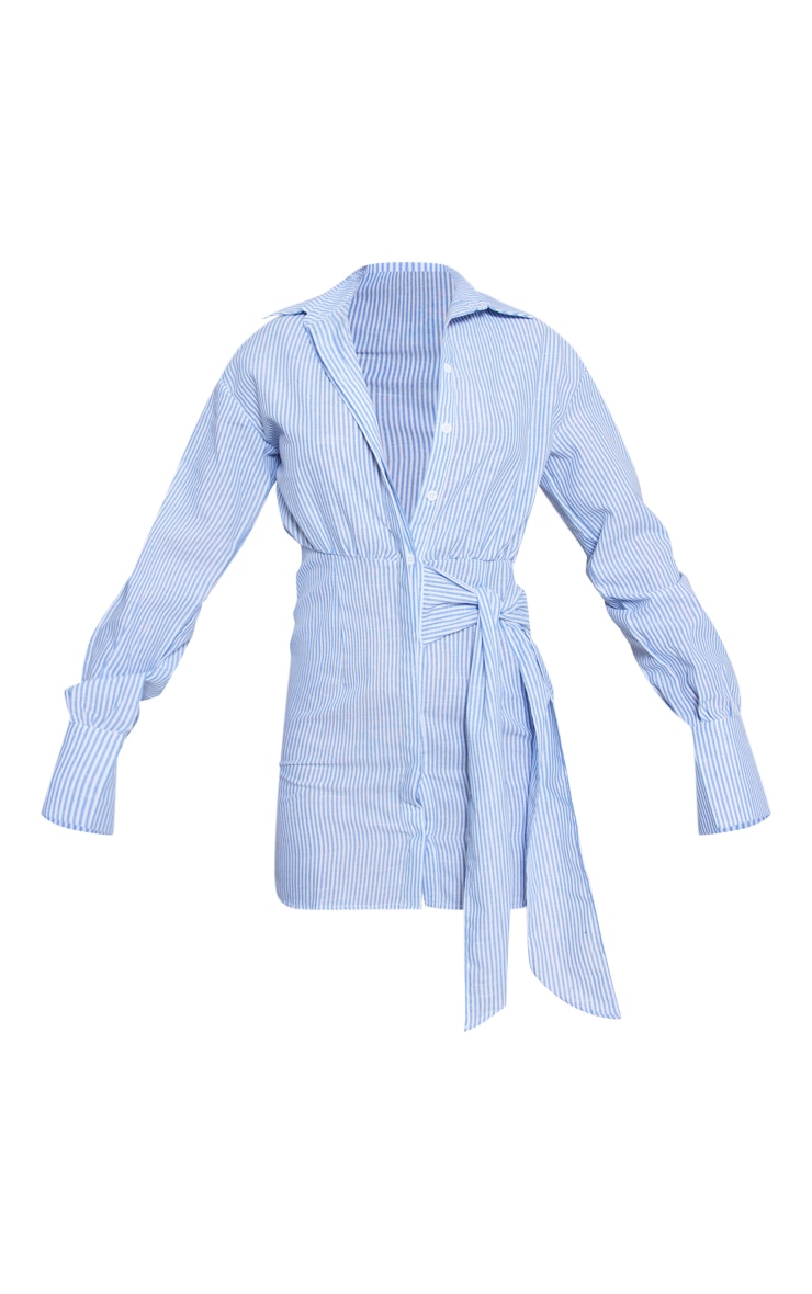 Light Blue Stripe Tie Detail Button Down Shirt Dress image 4