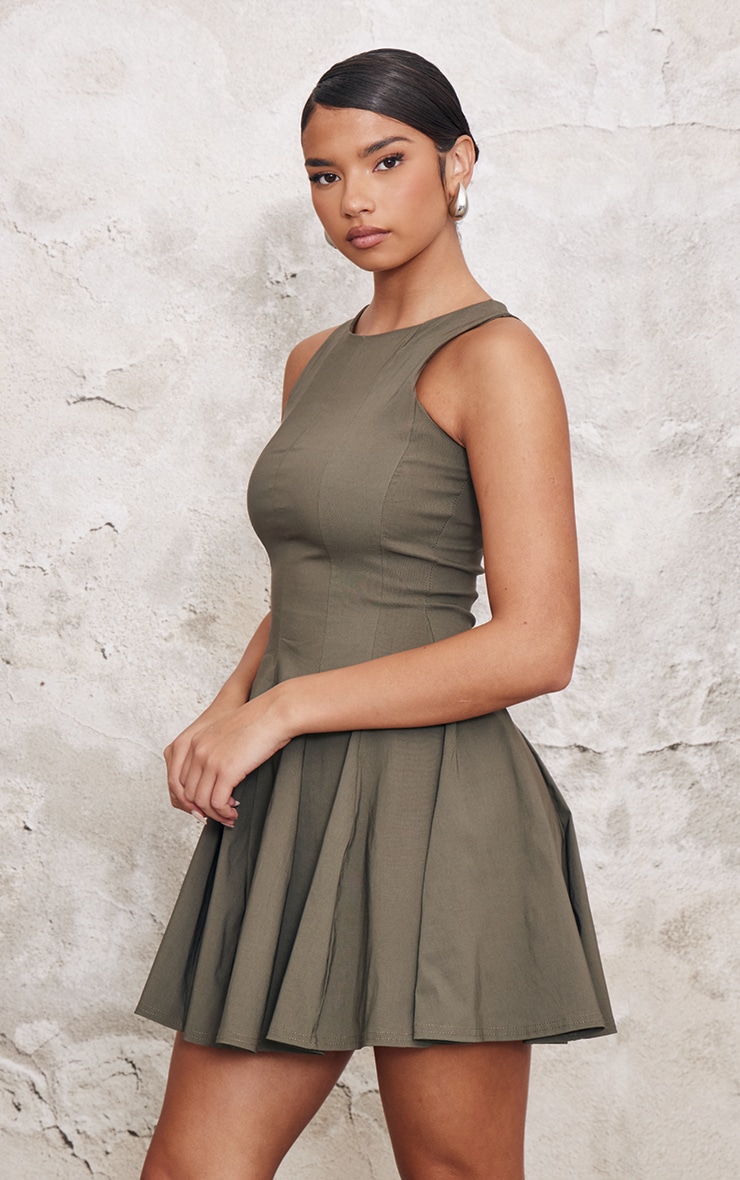 Khaki Stretch Woven Racer Pleated Shift Dress image 4