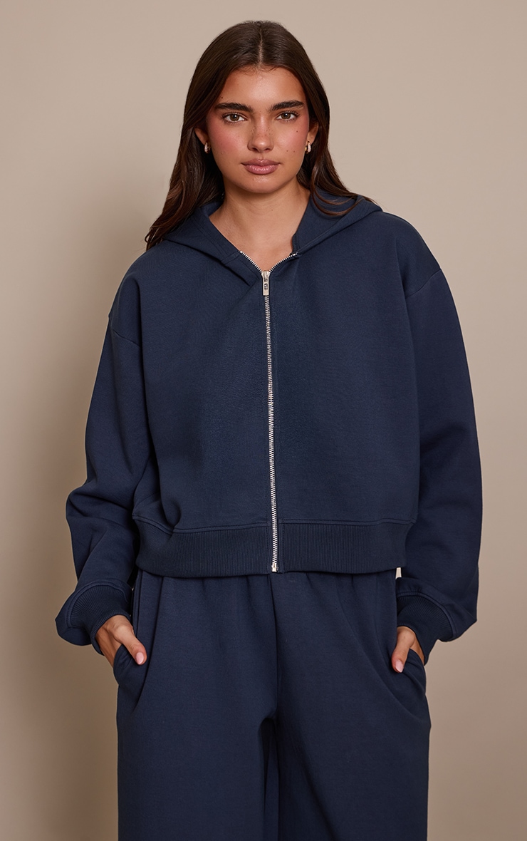 Navy Interlock Cropped Zip Up Hoodie