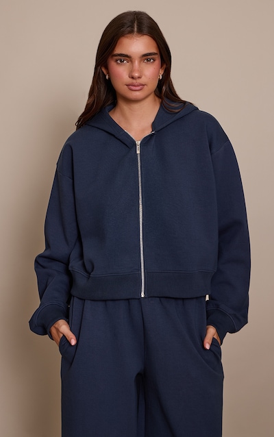 Navy Interlock Cropped Zip Up Hoodie