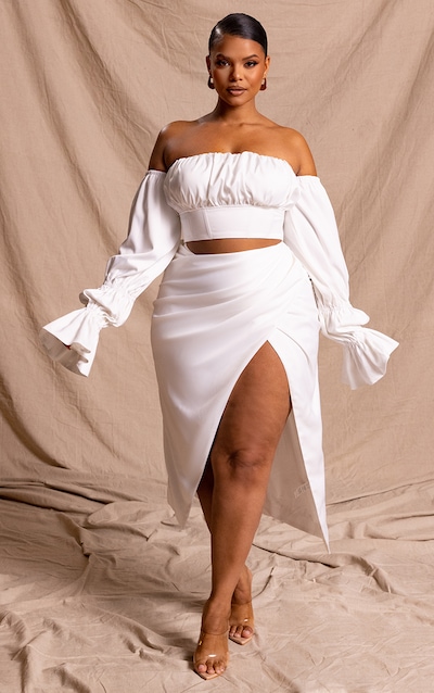 Plus White Constructed Satin Draped Midi Skirt