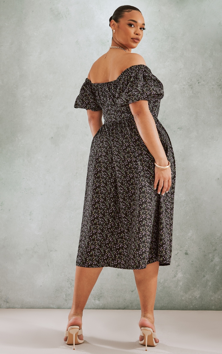 Plus Black Ditsy Floral Puff Short Sleeve Midi Dress image 2