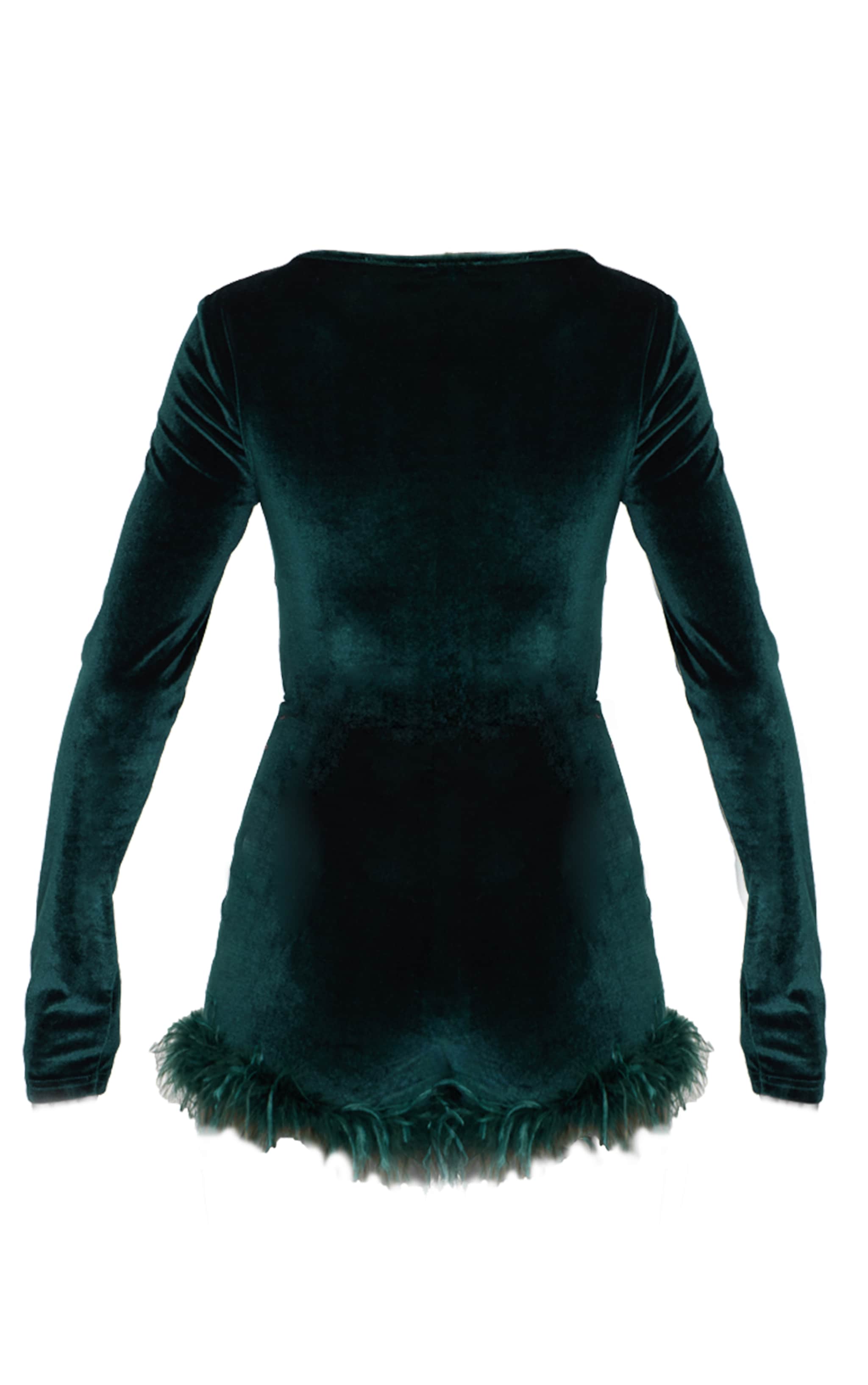 Forest Green Velvet Long Sleeve Feather Trim Playsuit image 5