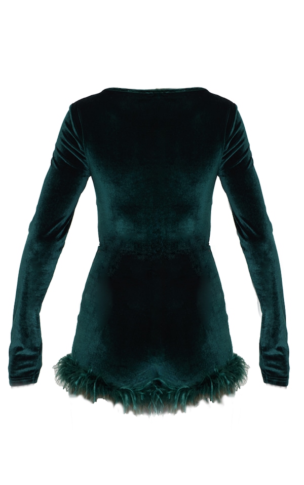 Forest Green Velvet Long Sleeve Feather Trim Romper