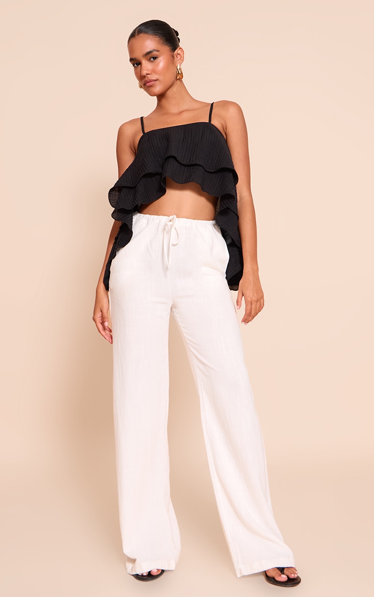 Black Textured Woven Floaty Cropped Front Top image 3