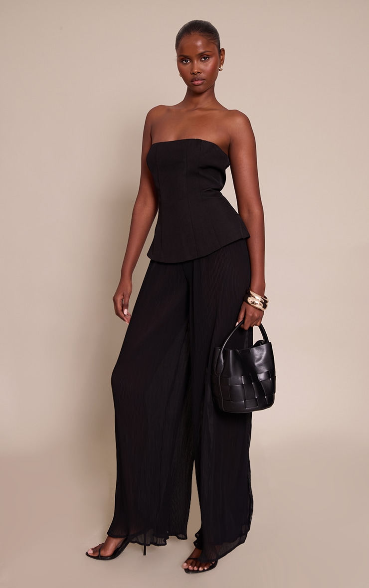 Black Woven Bandeau Plisse Leg Jumpsuit image 3