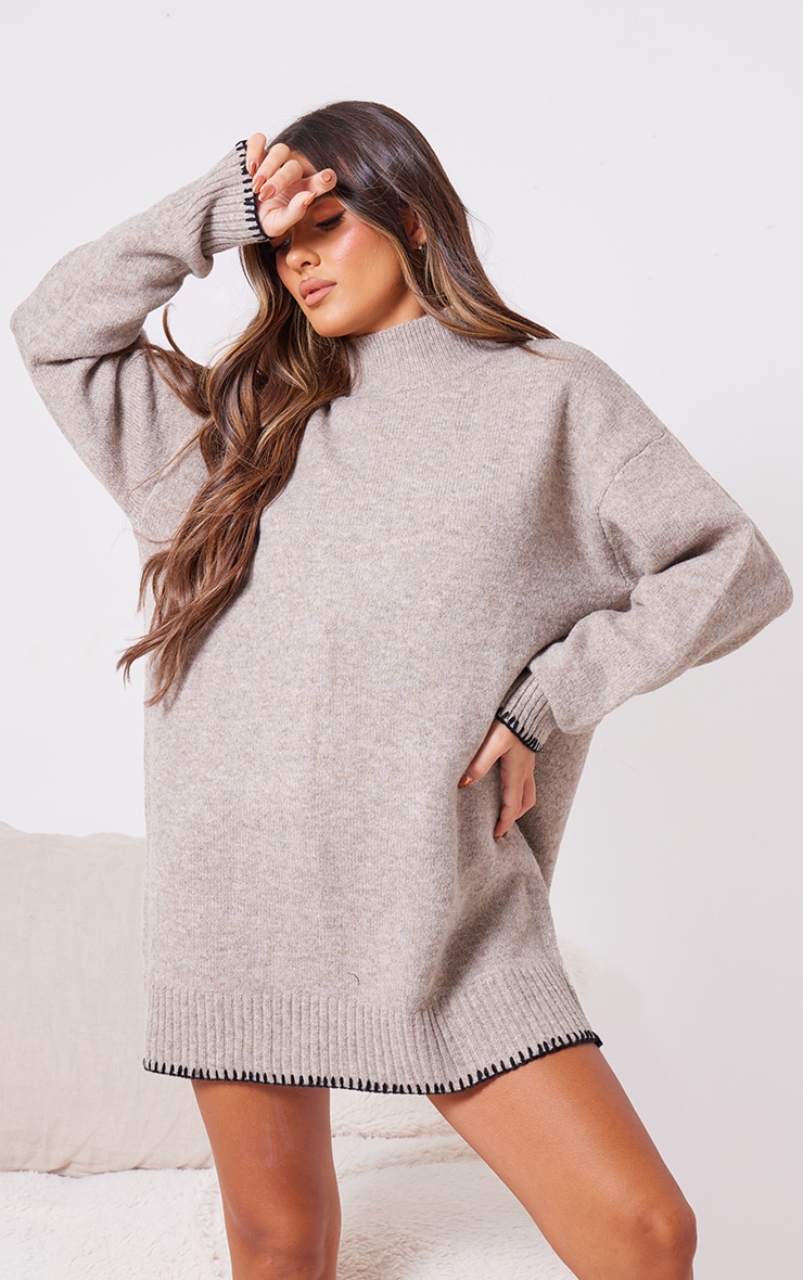 Latte Hem Contrast Stitch Knit Sweater Dress image 3