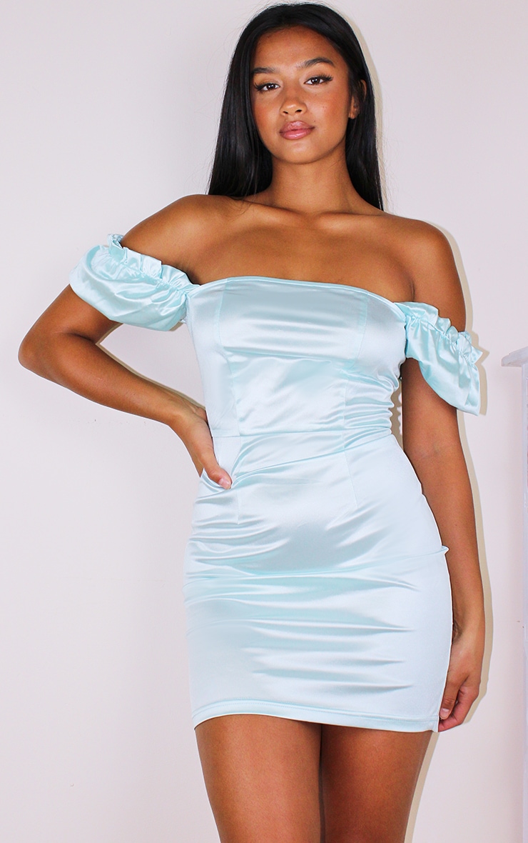 Petite Sage Green Satin Puff Shoulder Satin Mini Dress