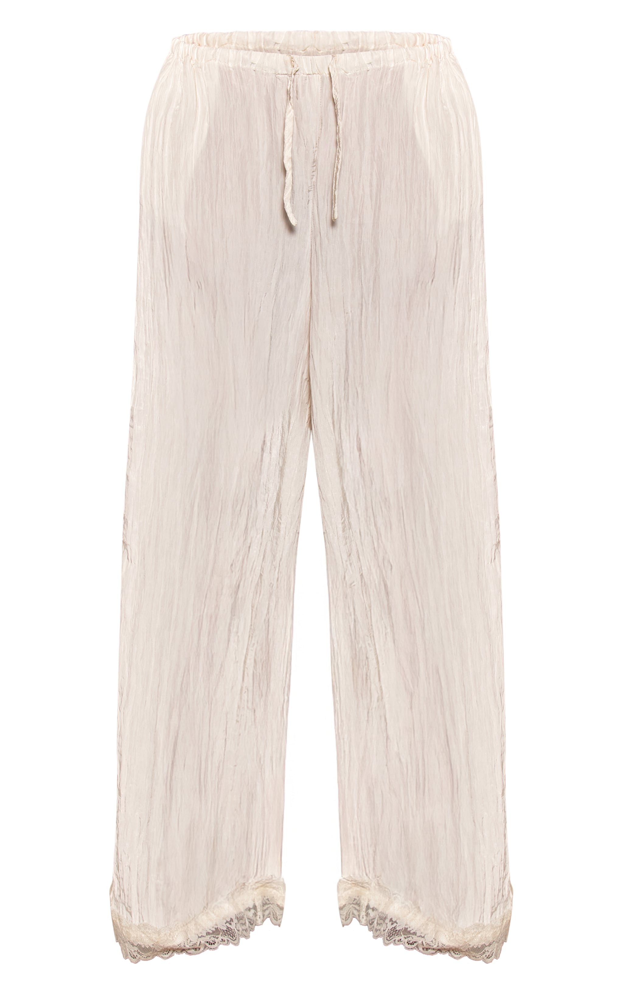 Cream Textured Satin Lace Trim Pants image 5