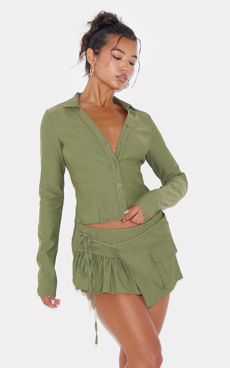 Khaki Woven Long Sleeve Cargo Shirt image 4