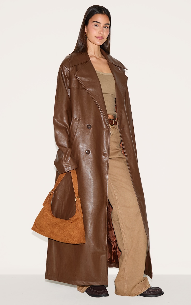 Chocolate Brown Oversized Faux Leather Maxi Trench image 3