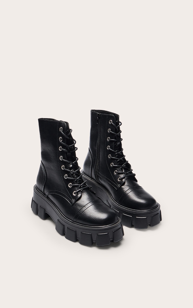 Black Lace Up Extreme Cleated Sole Combat Boots image 3