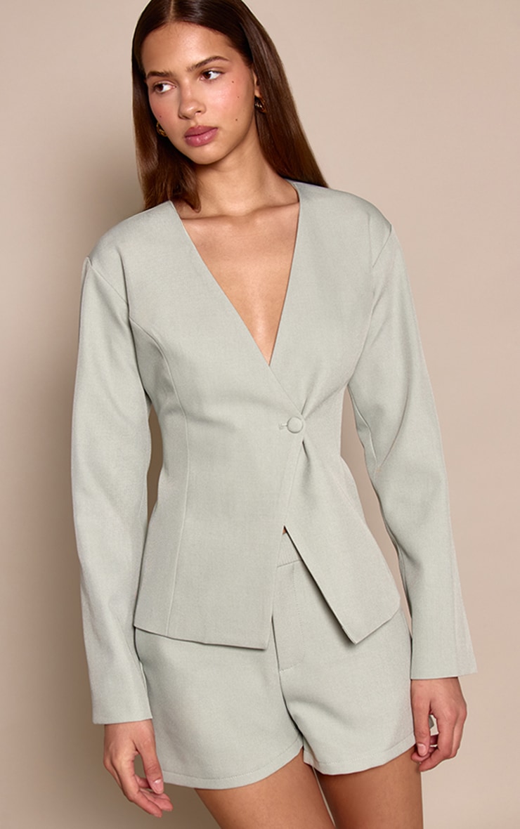 Sage Green Tailored Cinched Waist Asymmetric Blazer