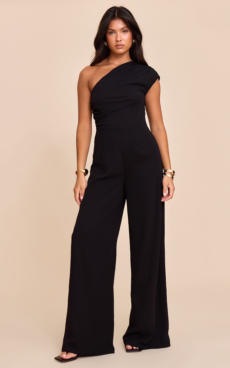 Black Chiffon One Shoulder Ruched Jumpsuit image 3