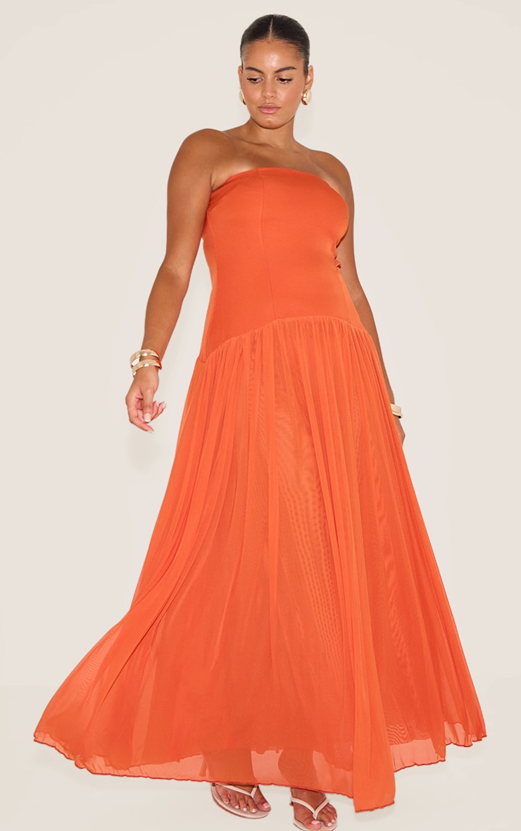 Plus Robe bustier longue en mousseline de soie orange plissée image 3