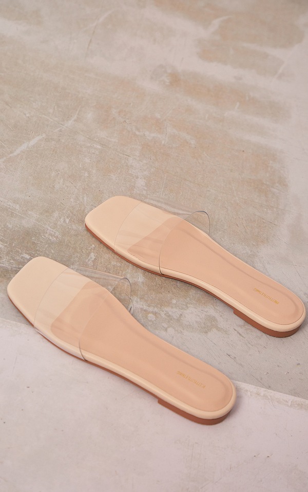 Cream Wide Fit Pu Clear Strap Mule Sandals PrettyLittleThing