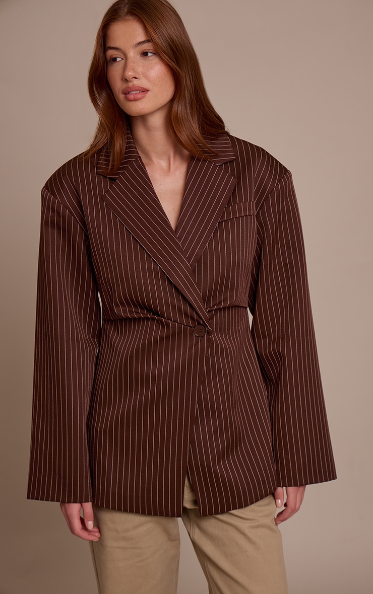 Chocolate Pinstripe Gathered Cinched Waist Blazer image 1