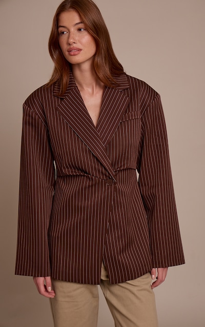 Chocolate Pinstripe Gathered Cinched Waist Blazer