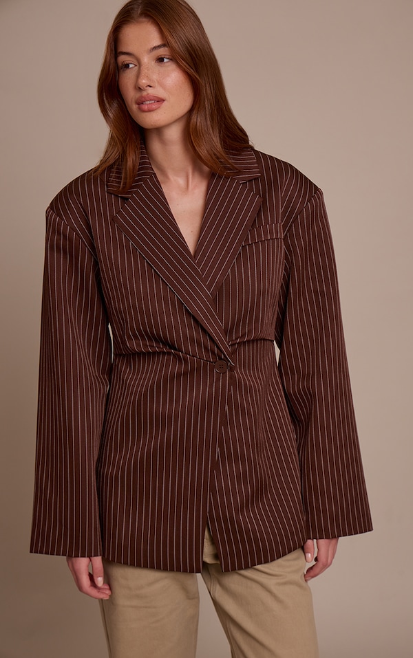 Chocolate Pinstripe Gathered Cinched Waist Blazer