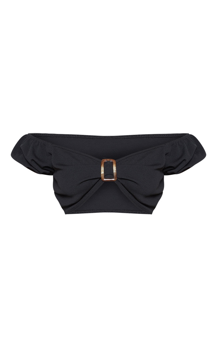 Plus Black Tortoise Buckle Bardot Puff Sleeve Crop Top image 3