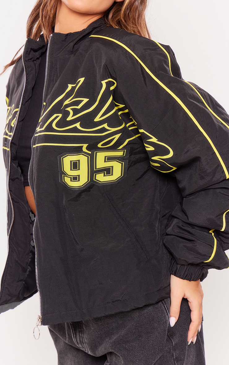 Black Contrast Oversized Slogan Zip Up Racer Bomber image 4