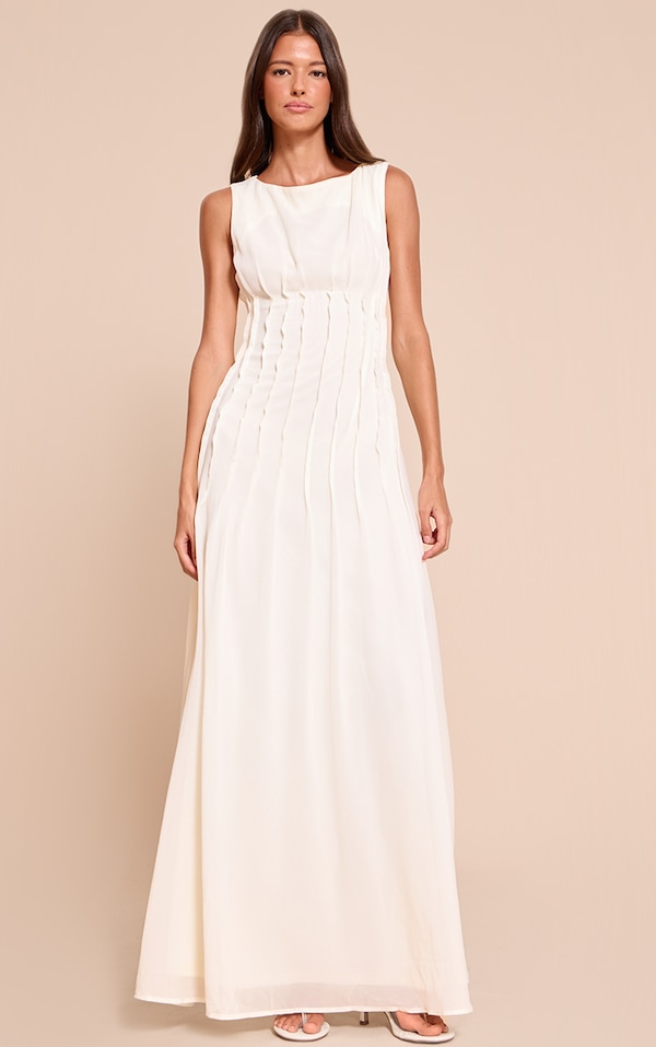 Cream Chiffon Pleat Detail Sleeveless Maxi Dress