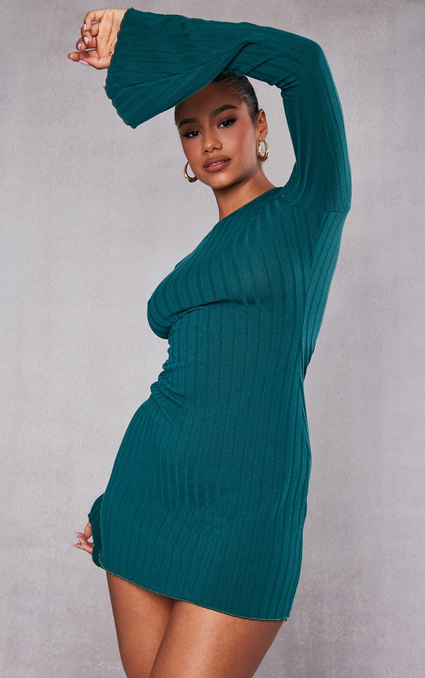 Teal Green Wide Rib Lettuce Hem Sleeve Dress PrettyLittleThing