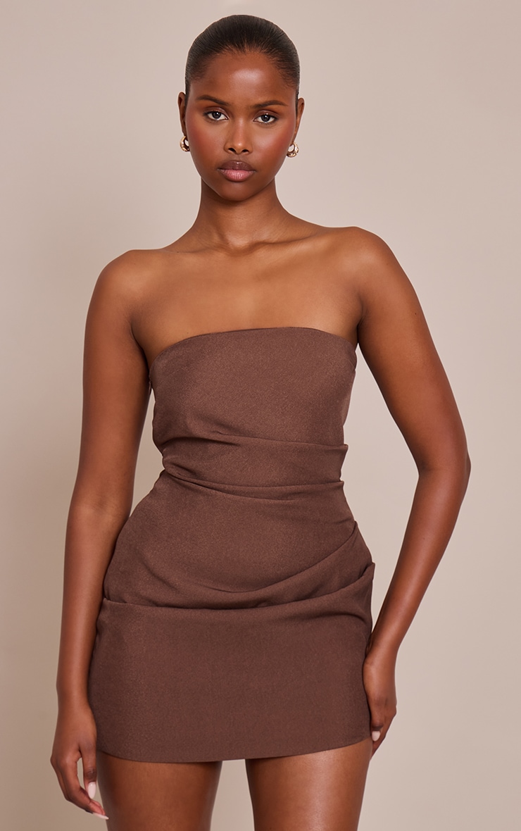 Chocolate Bandeau Ruched Mini Dress image 1