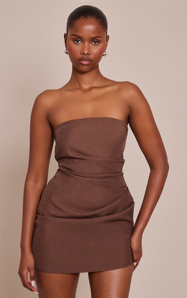 Chocolate Bandeau Ruched Mini Dress