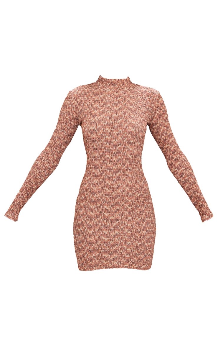 Brown Space Dye Shirred High Neck Bodycon Dress image 5