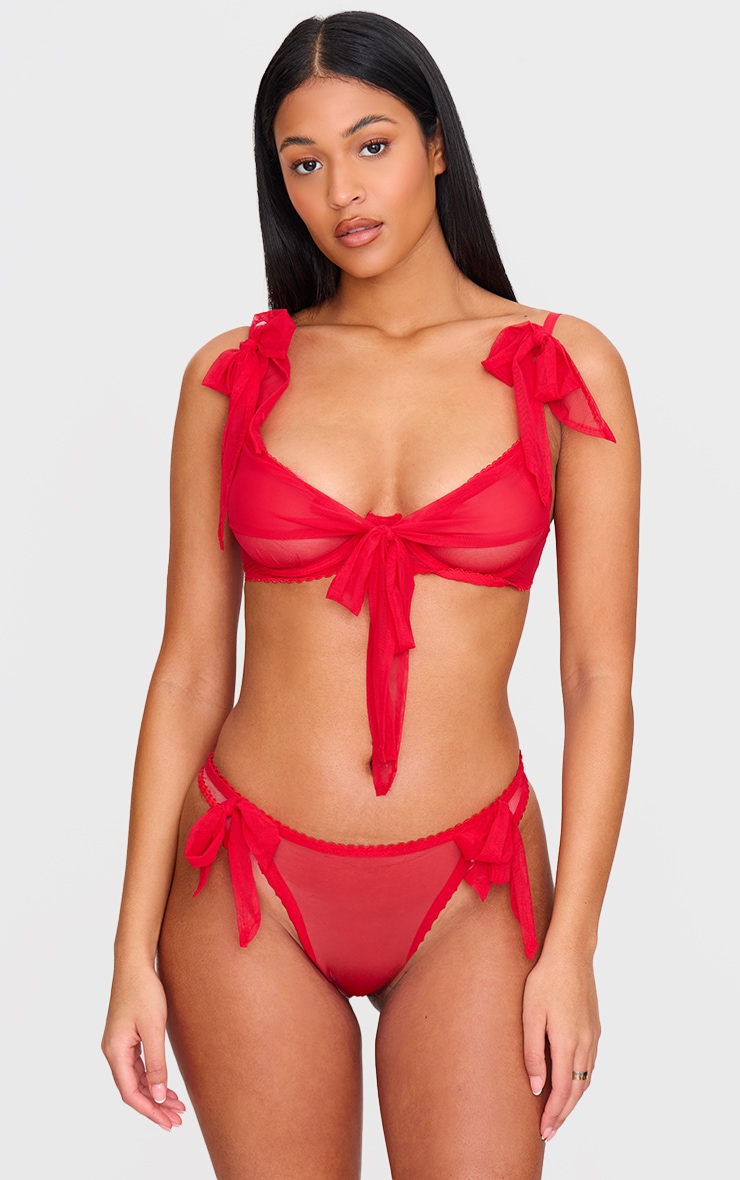 Red Mesh Bow Detail Lingerie Set image 1