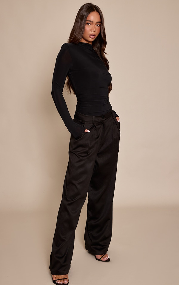 Black Satin Textured Wide Leg Trousers 