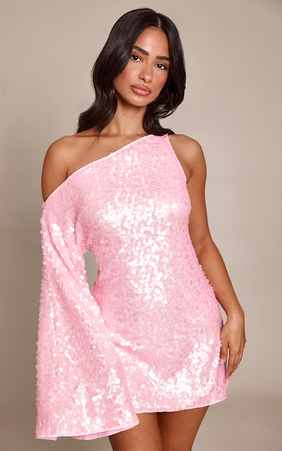 Petite Pink Sequin Asymmetric Mini Dress