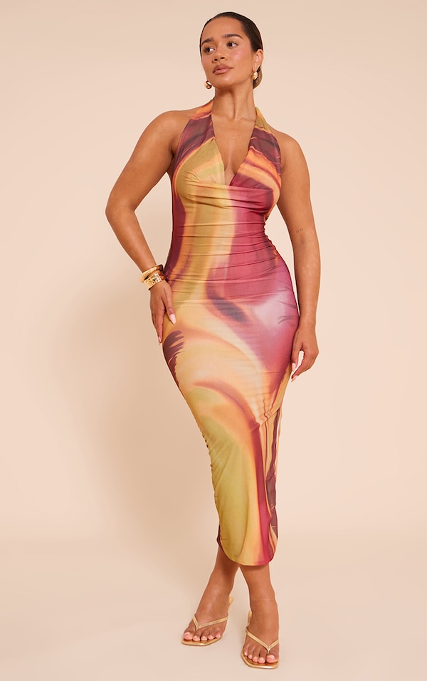 Shape Multi Leaf Print Chiffon Knot Detail Cowl Neck Midaxi Dress