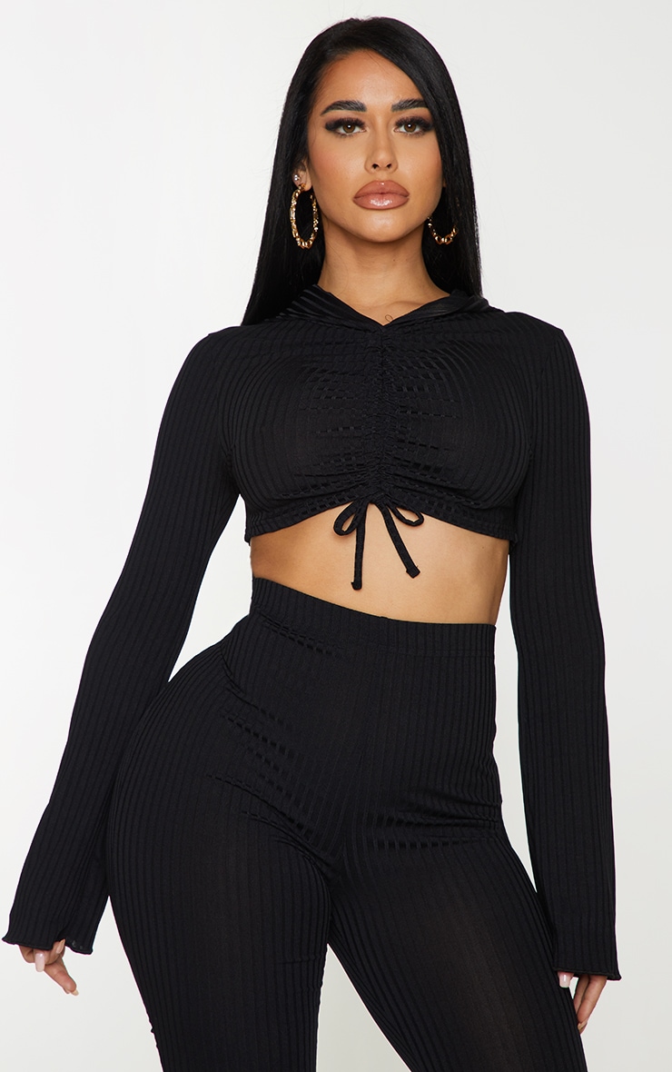 Shape Black Rib Hooded Ruched Crop Top