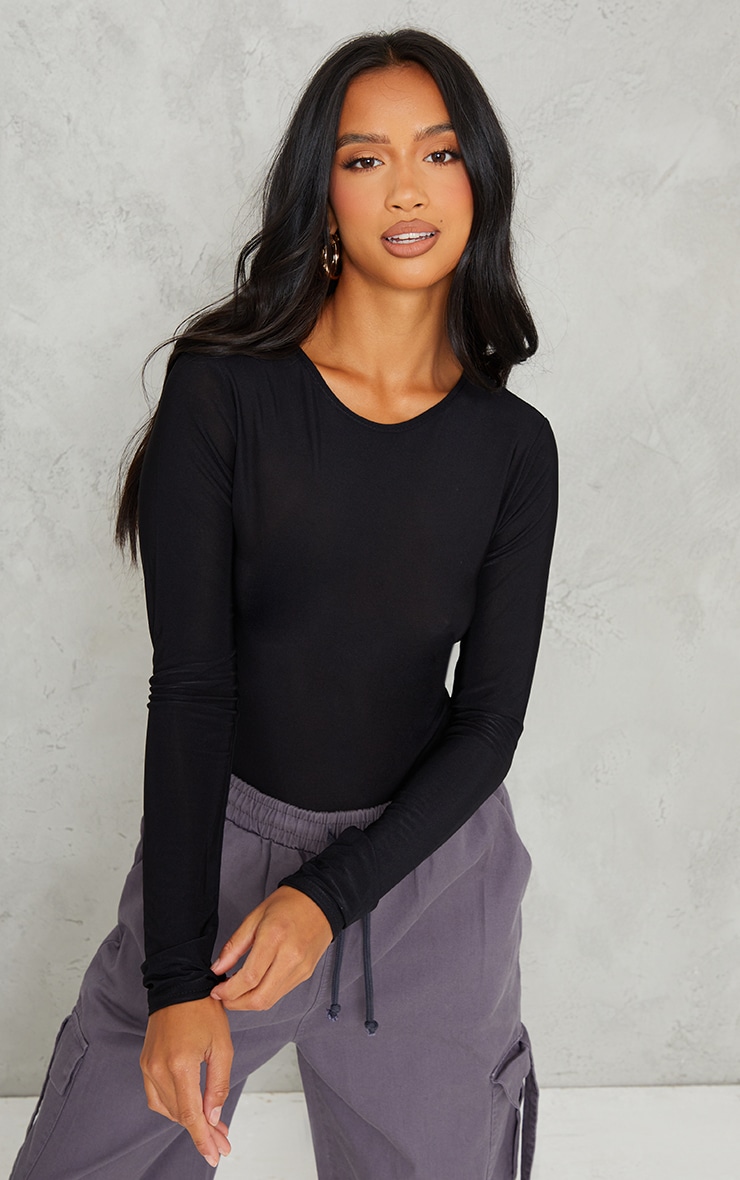 Petite Black Long Sleeve Disco Bodysuit image 1