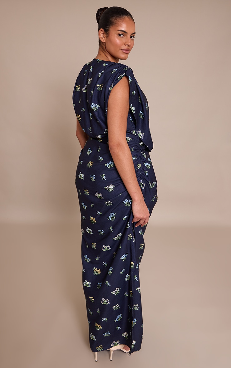Plus Navy Floral Extreme Cowl Ruched Detail Maxi Dress image 2