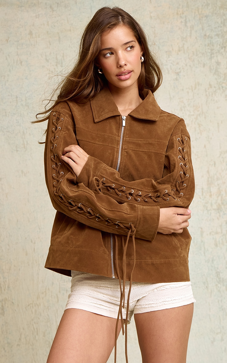 Brown Lace Up Faux Suede Boxy Jacket image 1