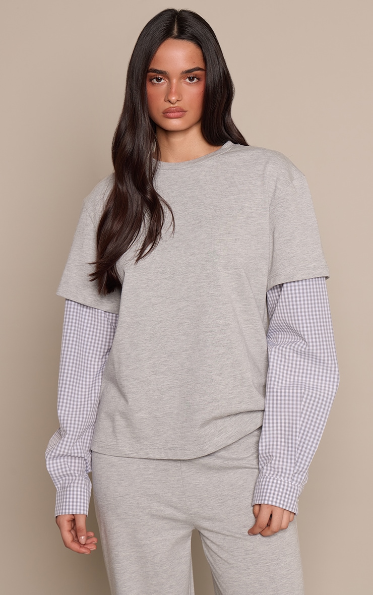 Grey Cotton Checked Shirt Sleeve Detail Oversized T-Shirt