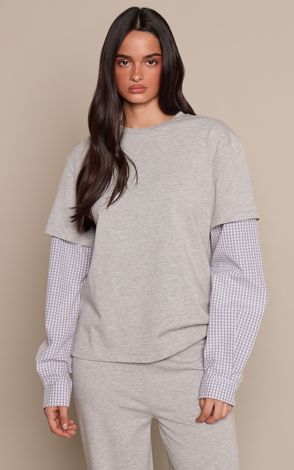 Grey Cotton Checked Shirt Sleeve Detail Oversized T-Shirt 