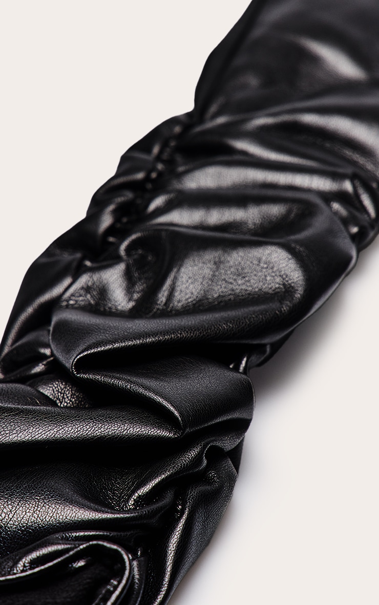 Black Faux Leather Long Ruched Gloves image 3
