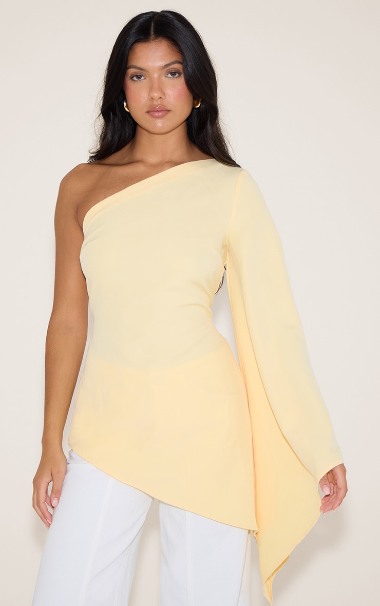 Butter Yellow Woven Asymmetric Flare Sleeve Long Top image 1